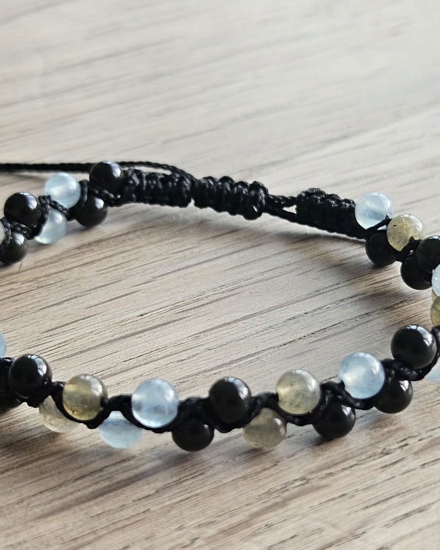 Still Water — Obsidienne, aigue-marine et labradorite sur deux lignes de perles de 4 mm