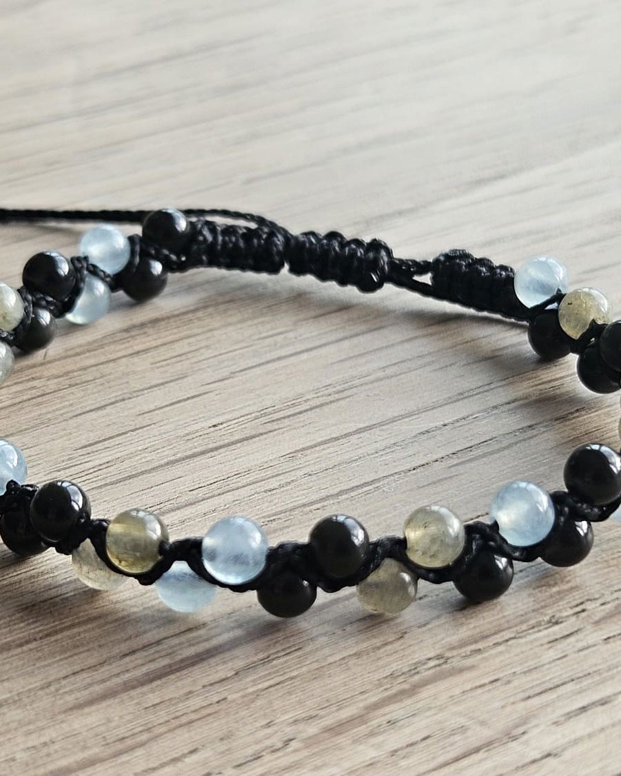 Still Water — Obsidienne, aigue-marine et labradorite sur deux lignes de perles de 4 mm