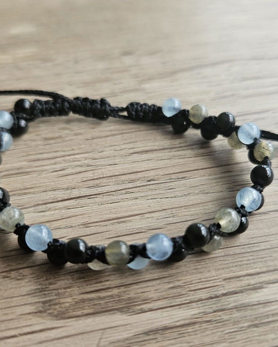 Still Water — Obsidienne, aigue-marine et labradorite sur deux lignes de perles de 4 mm